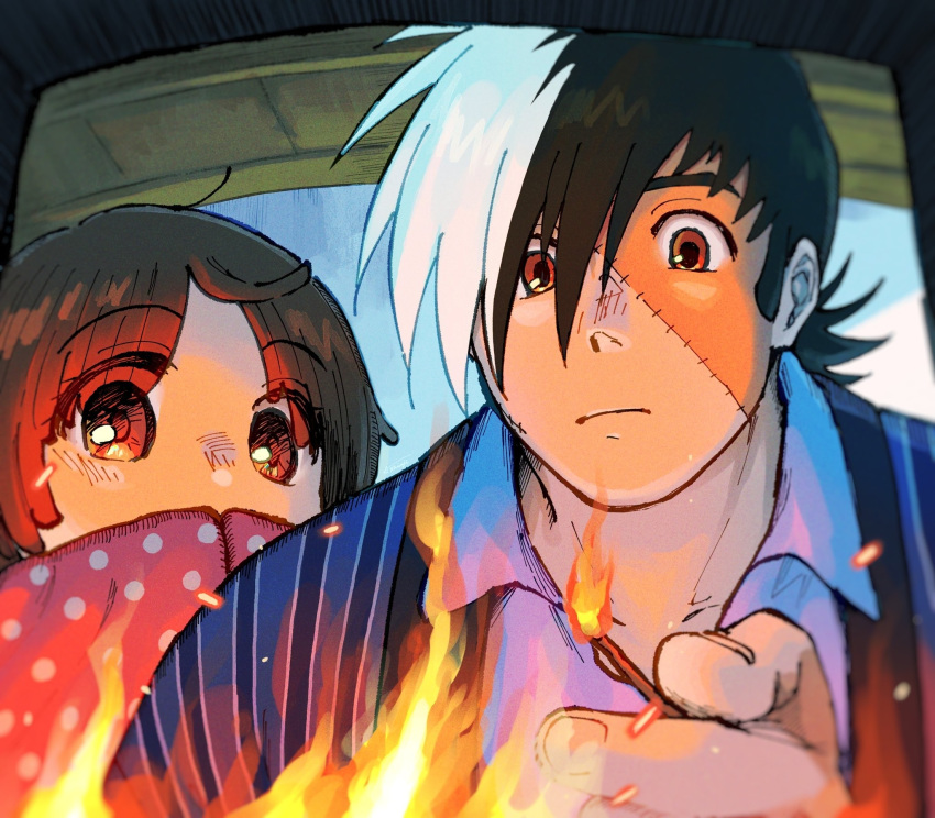 1boy, 1girl, amane_shinji, black_hair, black_jack_(character), black_jack_(series), brown_eyes, fire