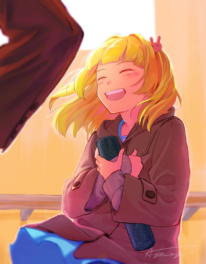 1girl, :d, amane_shinji, artist_name, blonde_hair, blue_skirt, blush, brown_coat