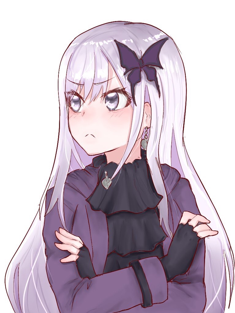 1girl, :<, agata_(yfw1110), angry, ascot, black_ascot, black_gloves, butterfly_hair_ornament, closed_mouth, commentary_request, crossed_arms, earrings, eyelashes, fingerless_gloves, gloves, hair_ornament, jacket, jewelry, light_purple_hair, long_hair, long_sleeves, looking_away, purple_jacket, senjimuramasa_(tenka_hyakken), single_earring, solo, tenka_hyakken, upper_body, v-shaped_eyebrows, violet_eyes, white_background