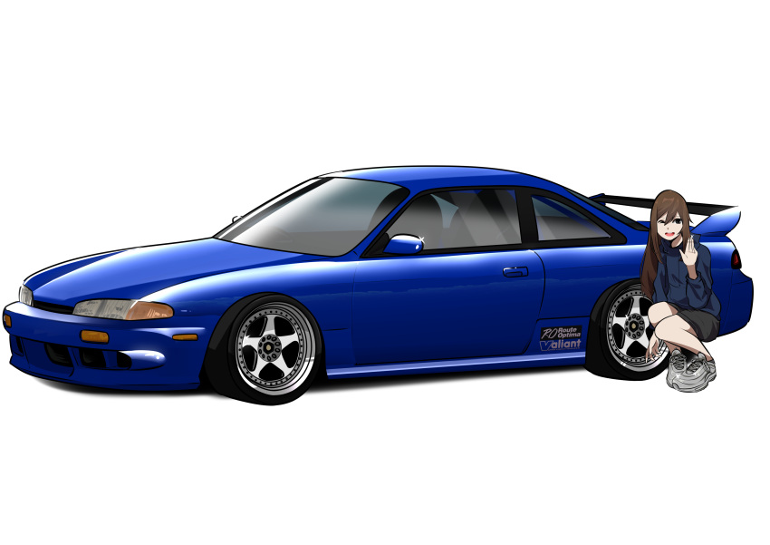 1girl, absurdres, air_max, air_max_97, black_eyes, black_shorts, blue_car, blue_hoodie