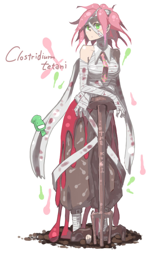 bacteria, bandages, bare_shoulders, clostridium_tetani, green_eyes, moyashimon, necktie, original