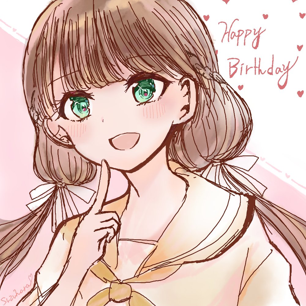 1girl, birthday, blush, brown_hair, commentary, english_text, green_eyes, happy_birthday