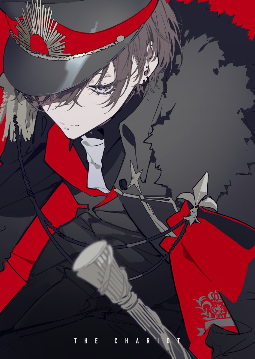 1boy, aiguillette, black_coat, black_headwear, black_jacket, black_pants, black_shirt, black_suit