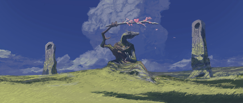 blue_sky, branch, cherry_blossoms, clouds, day, dragon, falling_petals, fantasy