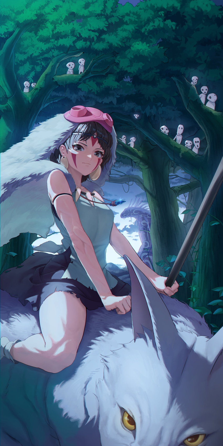 1girl, absurdres, animal, animal_ear_fluff, animal_ears, bare_shoulders, black_skirt, blue_eyes, blue_sky, branch, breasts, brown_hair, closed_mouth, clouds, cloudy_sky, collarbone, colored_sclera, earrings, facial_mark, forehead_mark, forest, fur_trim, gradient_sky, guegue, highres, holding, holding_weapon, jewelry, jigo_(mononoke_hime), leaf, looking_at_viewer, mask, mask_on_head, medium_breasts, mononoke_hime, moro_no_ichizoku, nature, necklace, outdoors, parted_bangs, red_eyes, red_mask, san_(mononoke_hime), shirt, short_hair, sitting, skirt, sky, sleeveless, sleeveless_shirt, socks, sparkle, spirit, tree, weapon, white_fur, white_shirt, white_sky, white_socks, wolf, wolf_ears, yellow_sclera