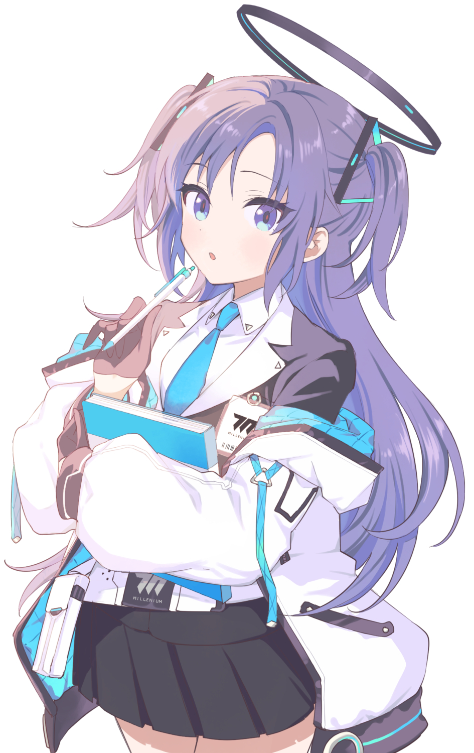 1girl, :o, belt, belt_pouch, black_gloves, black_jacket, black_skirt, blazer