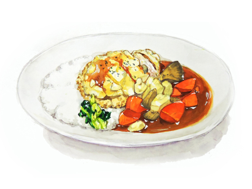 curry, food, food_focus, no_humans, original, painting_(medium), pepperblanket25, rice, simple_background, traditional_media, vegetable, white_background
