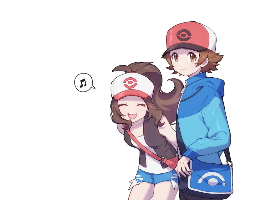 1boy, 1girl, baseball_cap, black_hair, blue_jacket, brown_eyes, brown_hair, closed_eyes