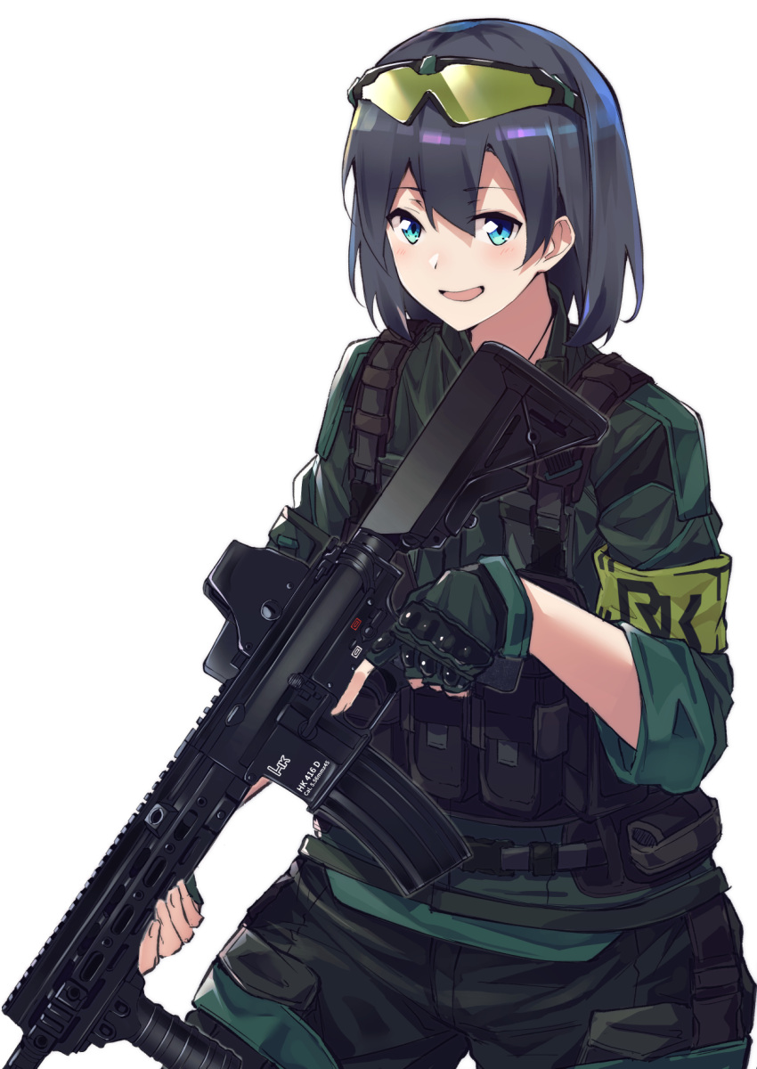 1girl, :d, armband, assault_rifle, black_hair, blue_eyes, blush, commentary_request