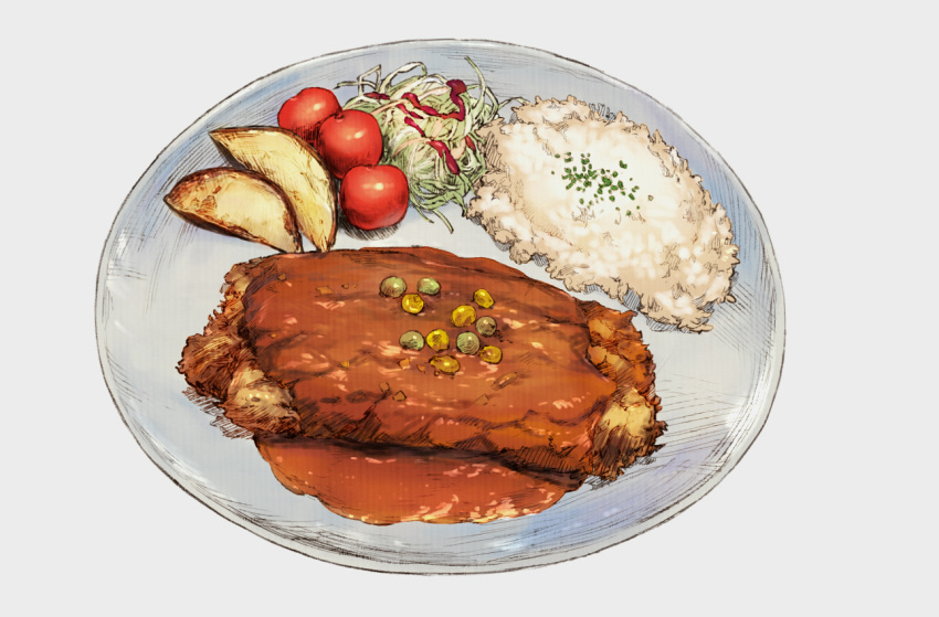 food, food_focus, food_request, grey_background, katsu_(food), meat, no_humans, original