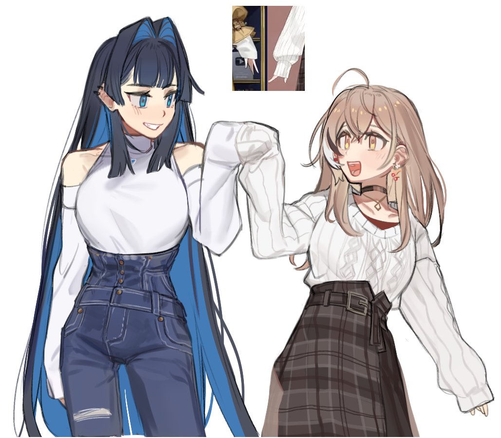2girls, :d, ahoge, belt, berry, black_choker, blue_eyes, blue_hair, blunt_bangs, brown_eyes, brown_hair, brown_skirt, choker, colored_inner_hair, denim, detached_sleeves, earrings, eus_ing, fang, grin, hair_intakes, high-waist_pants, hime_cut, hololive, hololive_english, jeans, jewelry, long_hair, long_skirt, multicolored_hair, multiple_girls, nanashi_mumei, necklace, official_alternate_costume, ouro_kronii, pants, plaid, plaid_skirt, red_shirt, runes, shirt, sidelocks, skirt, sleeves_past_wrists, smile, streaked_hair, sweater, very_long_hair, virtual_youtuber, white_shirt, white_sweater, yuri
