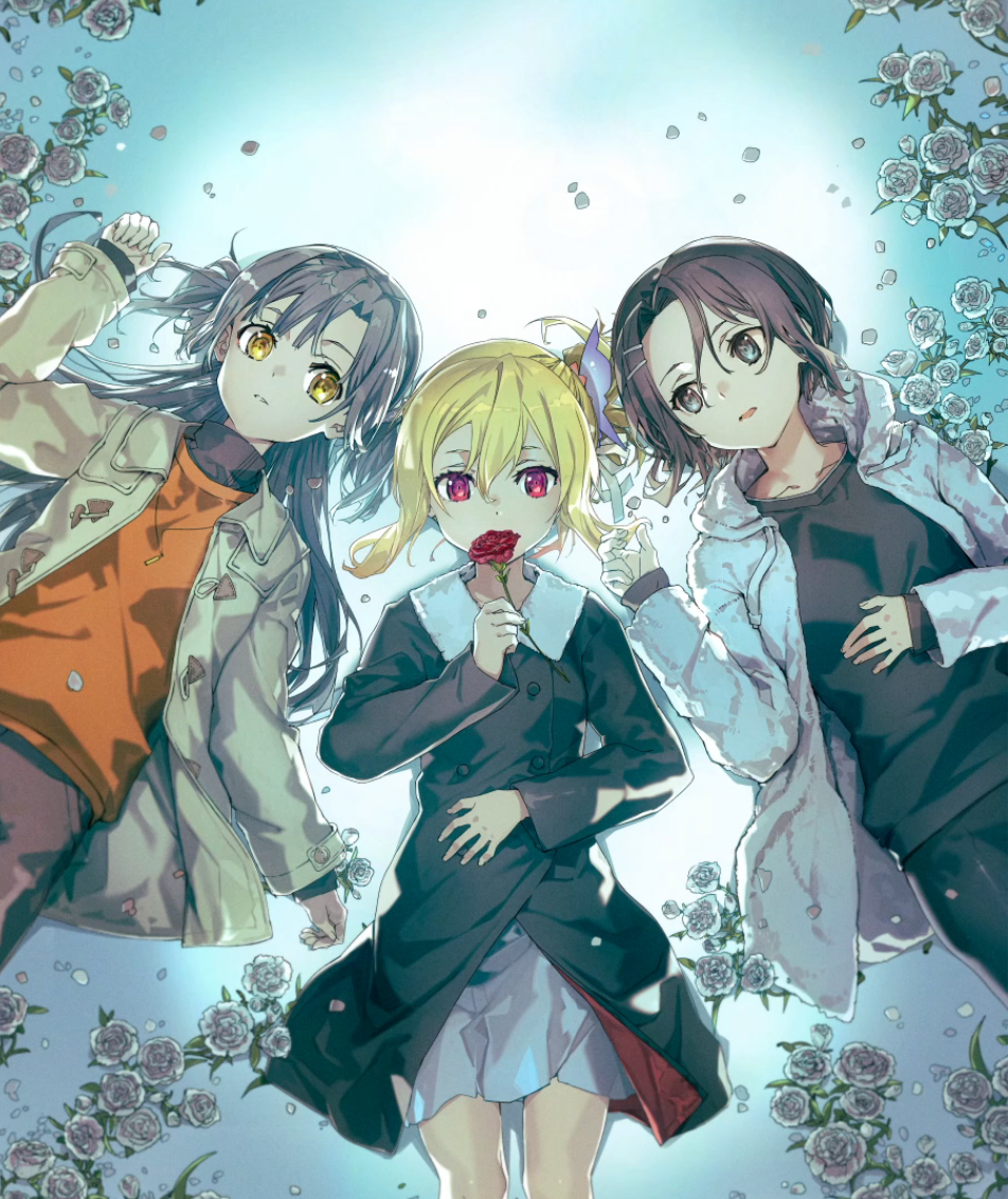 3girls, blonde_hair, blue_eyes, bunbun, coat, flower, fuyou_lilienthal_yuuna, fuyou_yuuna_wa_yuusha_de_nai, grey_hair, hair_ornament, holding, holding_flower, lying, multiple_girls, on_back, open_clothes, open_coat, red_flower, ribbon, violet_eyes, white_flower, yellow_eyes, yokote_suzu, yuusha_de_aru, yuzuki_yuuna