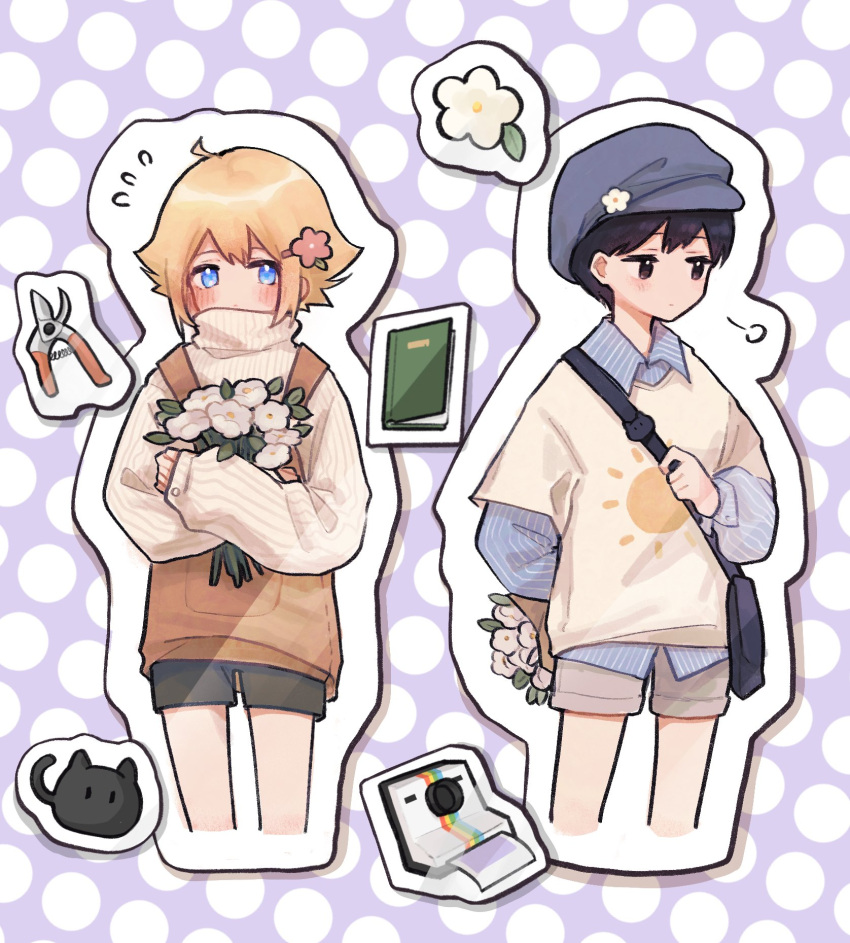2boys, basil_(omori), black_eyes, black_hair, blonde_hair, blue_eyes, blue_headwear, camera