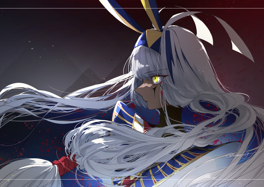 1girl, absurdres, animal_ears, dark-skinned_female, dark_skin, facial_mark, fate/grand_order, fate_(series), hairband, highres, long_hair, nitocris_alter_(fate), profile, signature, suimiiin9, white_hair, yellow_eyes
