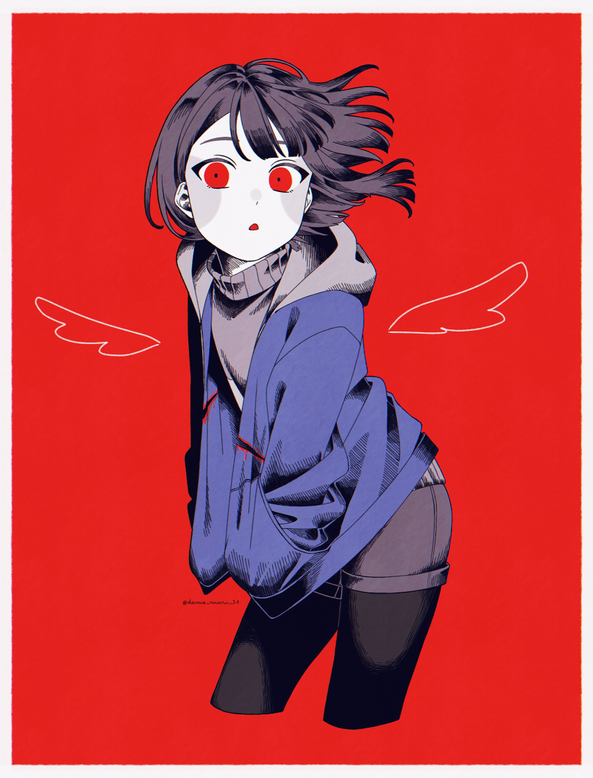1girl, ake_blood, black_pantyhose, blood, blood_on_clothes, blue_hoodie, border, chara_(undertale)