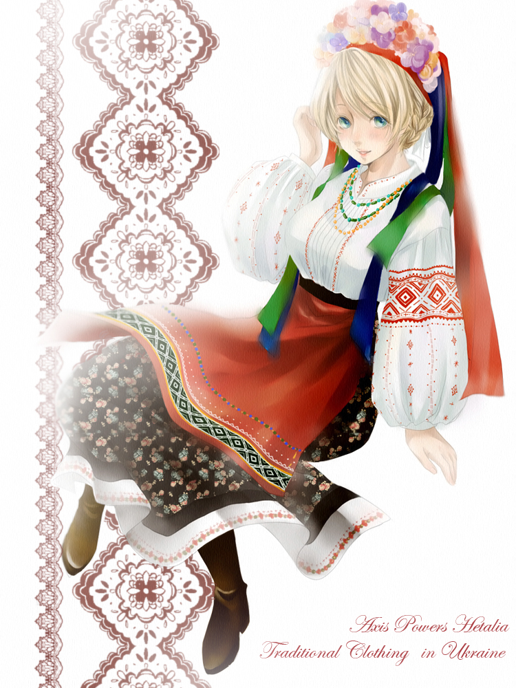 blonde_hair, blue_eyes, boots, braid, dress, floral_print, flower, hair_bun