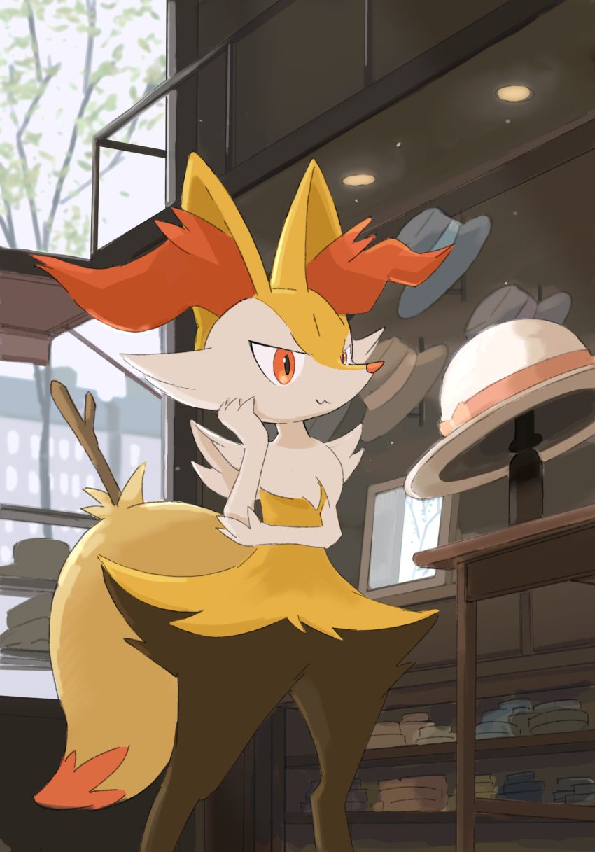 1other, animal_ear_fluff, braixen, closed_mouth, commentary_request, furry, hand_up, hat