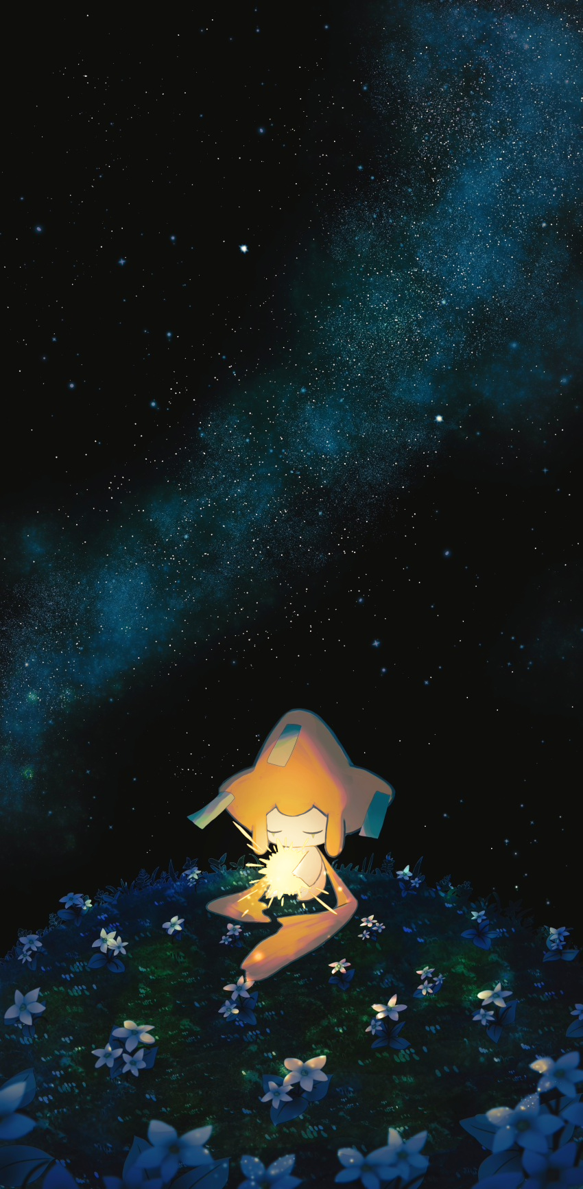 1other, absurdres, closed_eyes, creature, field, flower, flower_field, glowing