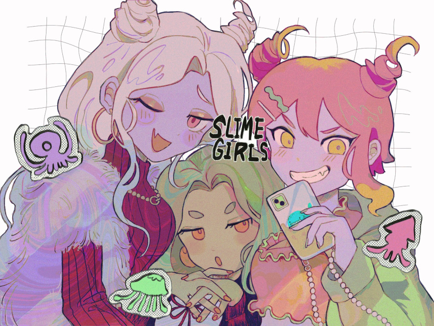 3girls, blonde_hair, earrings, eyeshadow, fang, green_hair, grin, hair_ornament