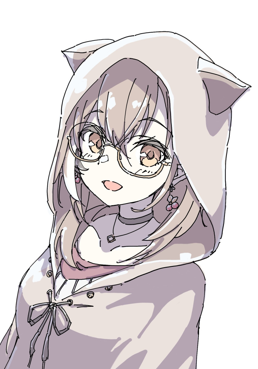 1girl, animal_ears, berry, black_choker, brown_eyes, brown_hair, brown_hoodie, choker, earrings, ears_through_headwear, gettsun, glasses, highres, hololive, hololive_english, hood, hood_up, hoodie, jewelry, long_hair, looking_at_viewer, multicolored_hair, nanashi_mumei, necklace, oversized_clothes, red_shirt, round_eyewear, runes, shirt, smile, streaked_hair, sweater, virtual_youtuber, white_sweater