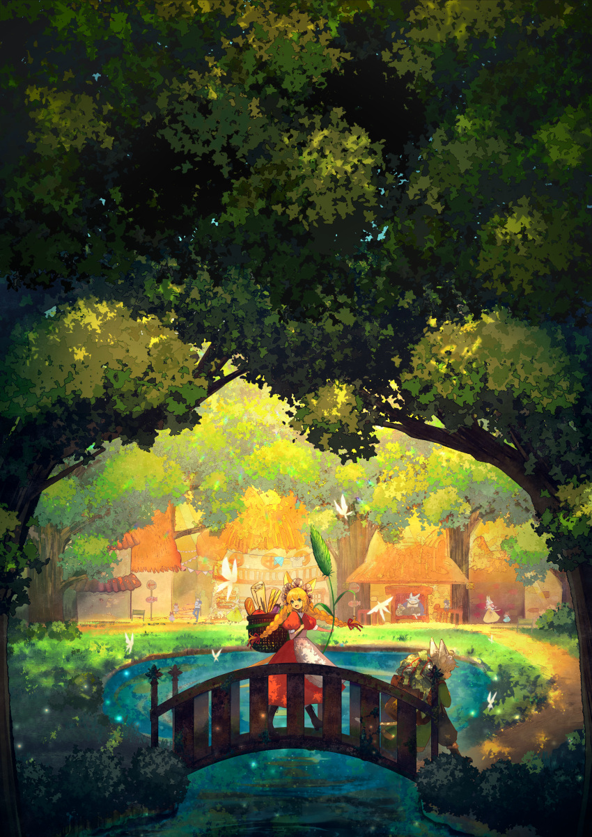 1boy, 1girl, absurdres, animal_ears, apple, baguette, basket, blonde_hair