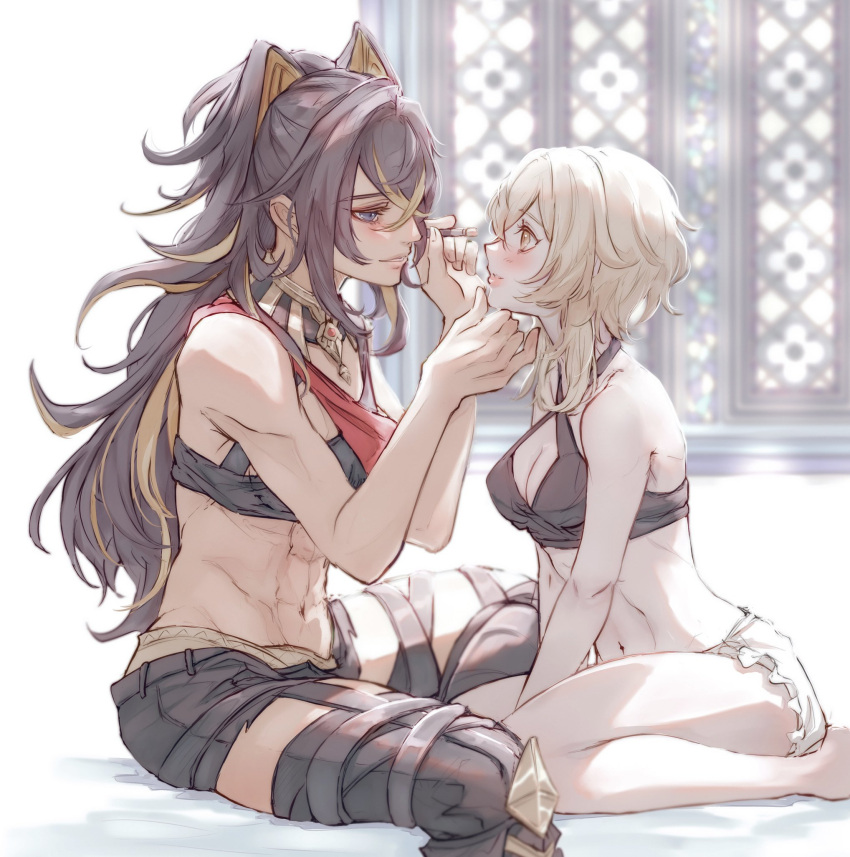 2girls, applying_makeup, black_bra, black_footwear, blonde_hair, blue_eyes, blush, boots