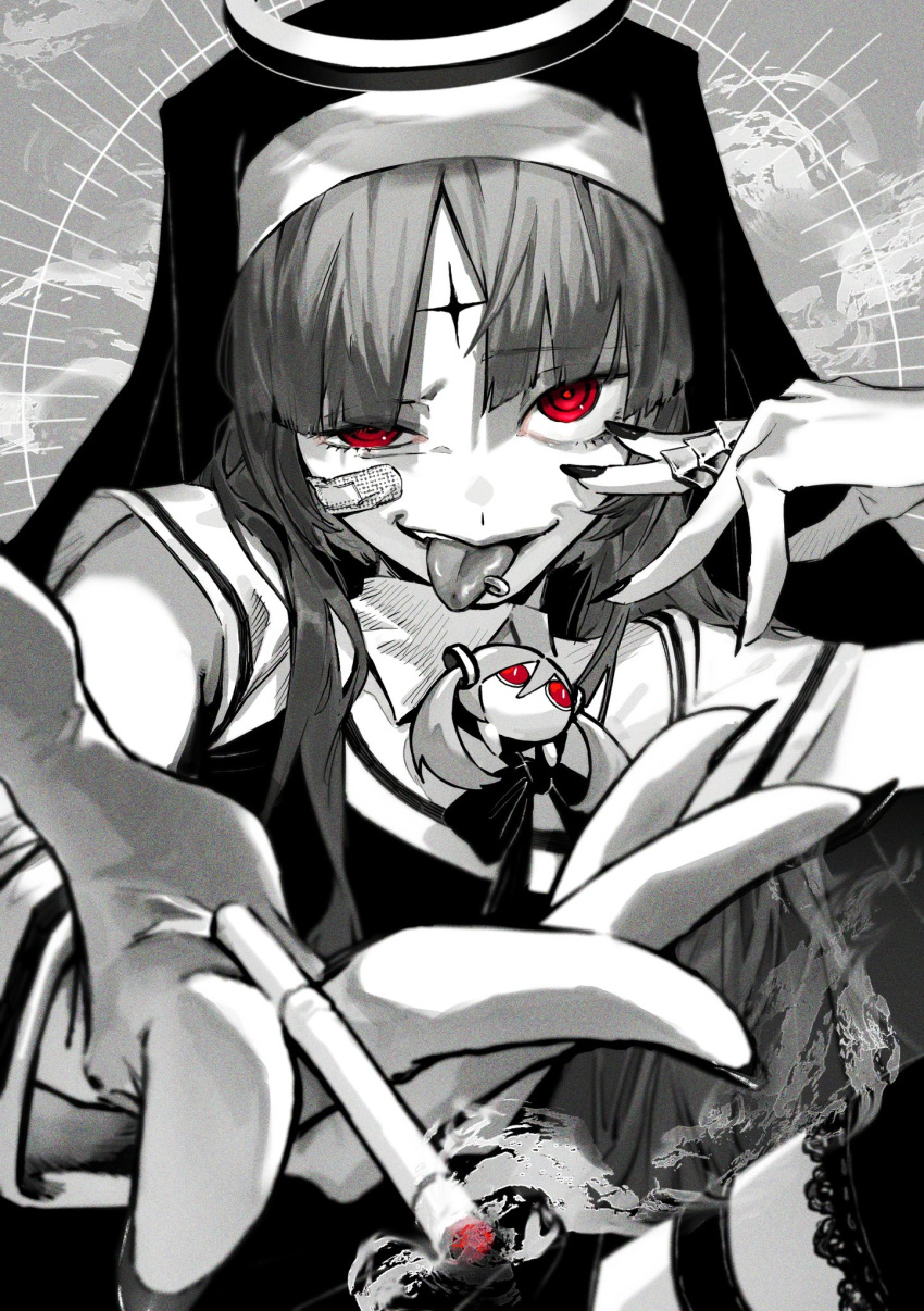 1girl, 1other, aimaina, bandaid, bandaid_on_face, between_fingers, blunt_bangs, capelet