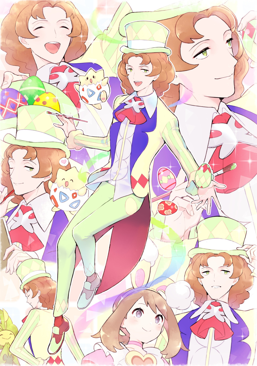 1boy, 1girl, absurdres, brown_hair, burgh_(pokemon), burgh_(spring_2021)_(pokemon), choker, closed_mouth