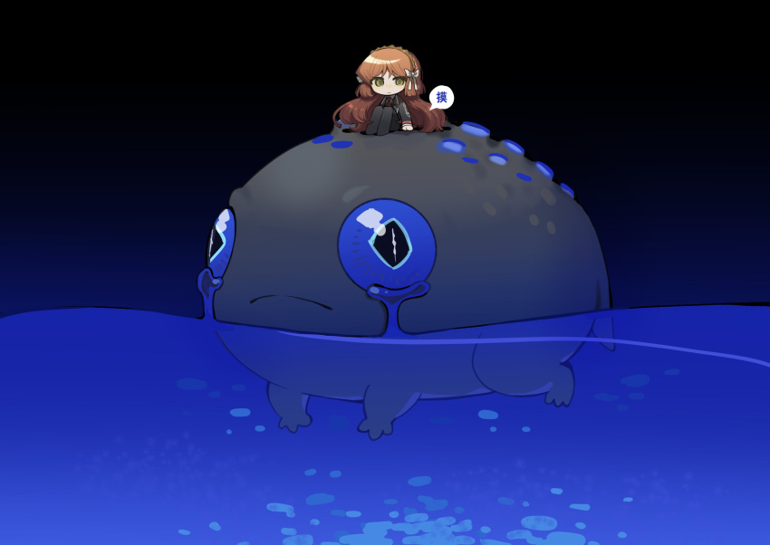 1girl, blubbering_toad_(limbus_company), brown_hairband, chinese_text, closed_mouth, collared_shirt, crying, freckles, green_eyes, grey_jacket, grey_pants, grey_vest, hair_ribbon, hairband, highres, ishmael_(limbus_company), jacket, limbus_company, long_hair, long_sleeves, necktie, open_clothes, open_jacket, orange_hair, pants, partially_submerged, project_moon, qjwyr, red_necktie, ribbon, shirt, sitting, speech_bubble, toad_(animal), translation_request, vest, white_ribbon, white_shirt