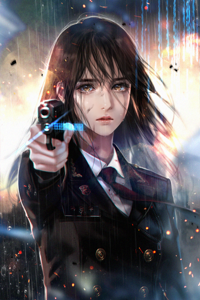 1girl, blood, blood_on_clothes, blue_eyes, blurry, brown_hair, collared_shirt, cover, cover_page, crying, crying_with_eyes_open, depth_of_field, elpenlit, embers, english_commentary, expressionless, gun, handgun, highres, holding, holding_gun, holding_weapon, long_hair, looking_at_viewer, mixed-language_commentary, necktie, novel_cover, pointing_gun, science_fiction, shirt, tears, theory_of_paradise, weapon