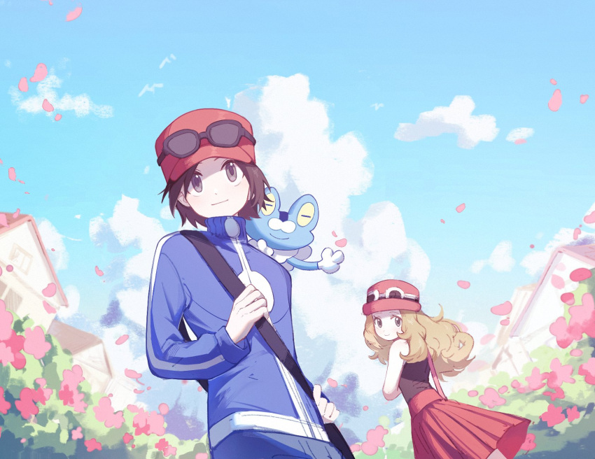 1boy, 1girl, black_hair, black_shirt, blonde_hair, blue_jacket, blue_sky, calem_(pokemon)