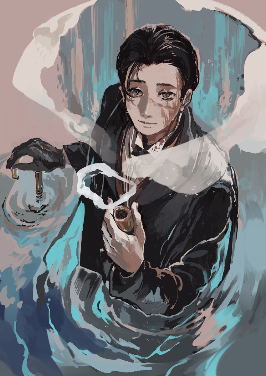 1boy, absurdres, black_hair, bow, cane, fate/grand_order, fate_(series), formal, from_above, gloves, hair_slicked_back, highres, holding, holding_smoking_pipe, jacket, long_sleeves, looking_at_viewer, male_focus, masayuki_(zerufonsu), partially_submerged, sherlock_holmes_(fate), shirt, short_hair, smoking_pipe, solo, suit