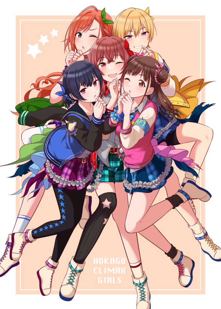 5girls, ;d, ahoge, aojiroi_fokkusu, arisugawa_natsuha, armband, belt, bike_shorts