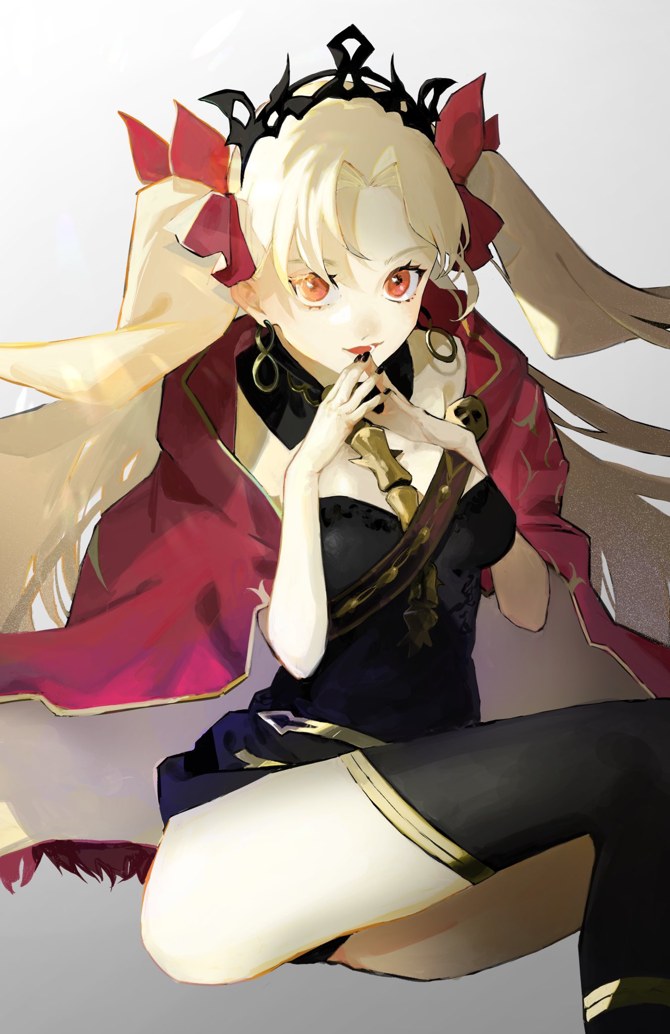 1girl, black_leotard, black_nails, black_thighhighs, black_tiara, blonde_hair, breasts, cape