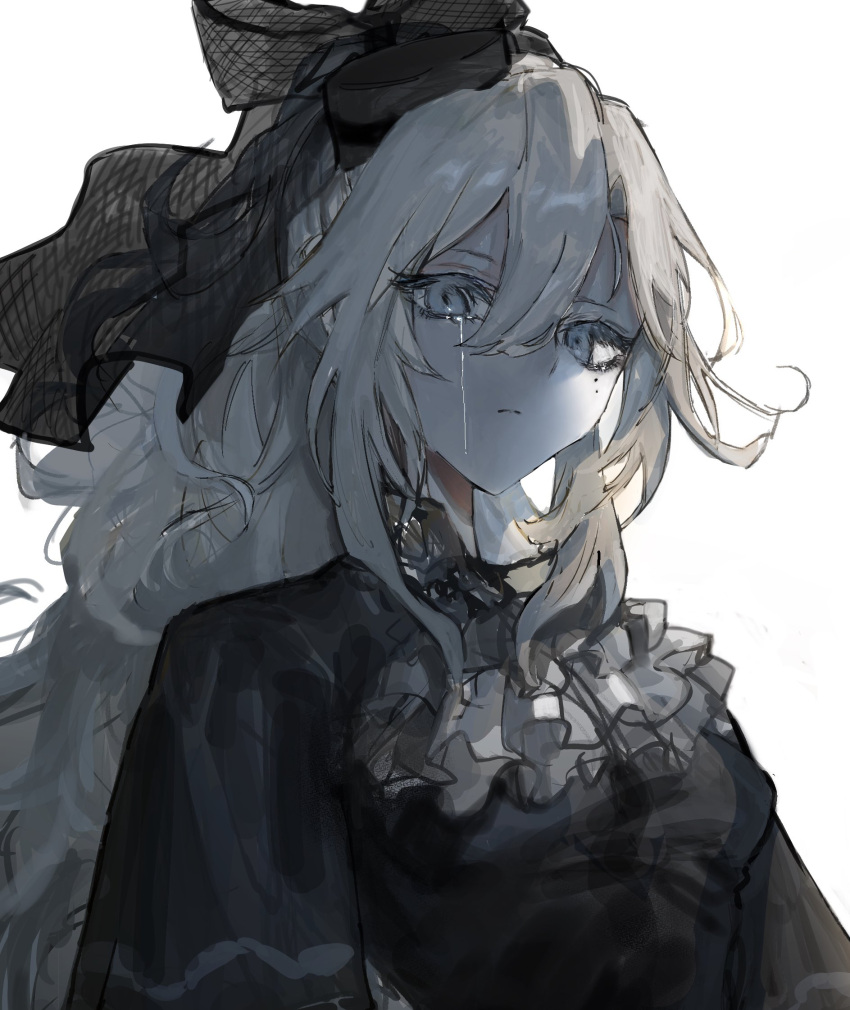 1girl, arms_at_sides, black_capelet, black_dress, black_headwear, breasts, capelet, crying