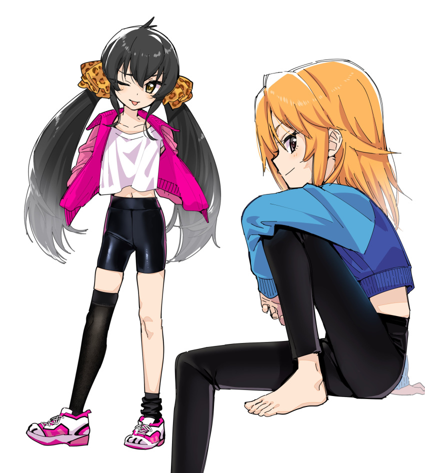 2girls, :p, absurdres, animal_print, asymmetrical_legwear, barefoot, beat_shooter_(idolmaster), bike_shorts