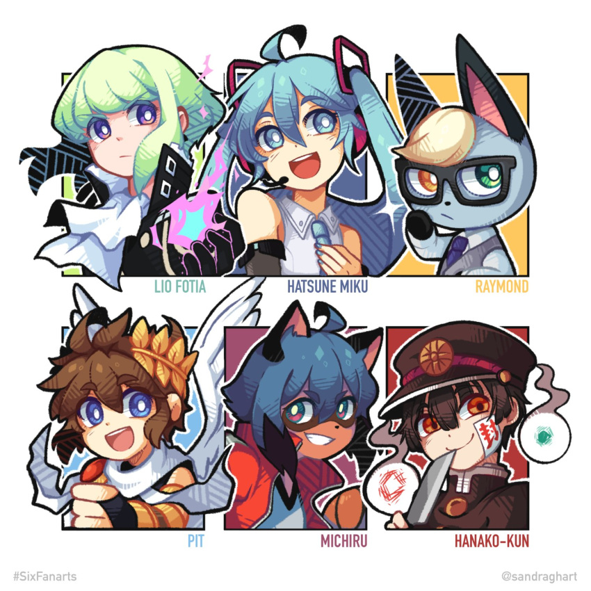 2girls, 4boys, androgynous, angel_wings, animal_crossing, animal_ears, aqua_hair, aqua_nails