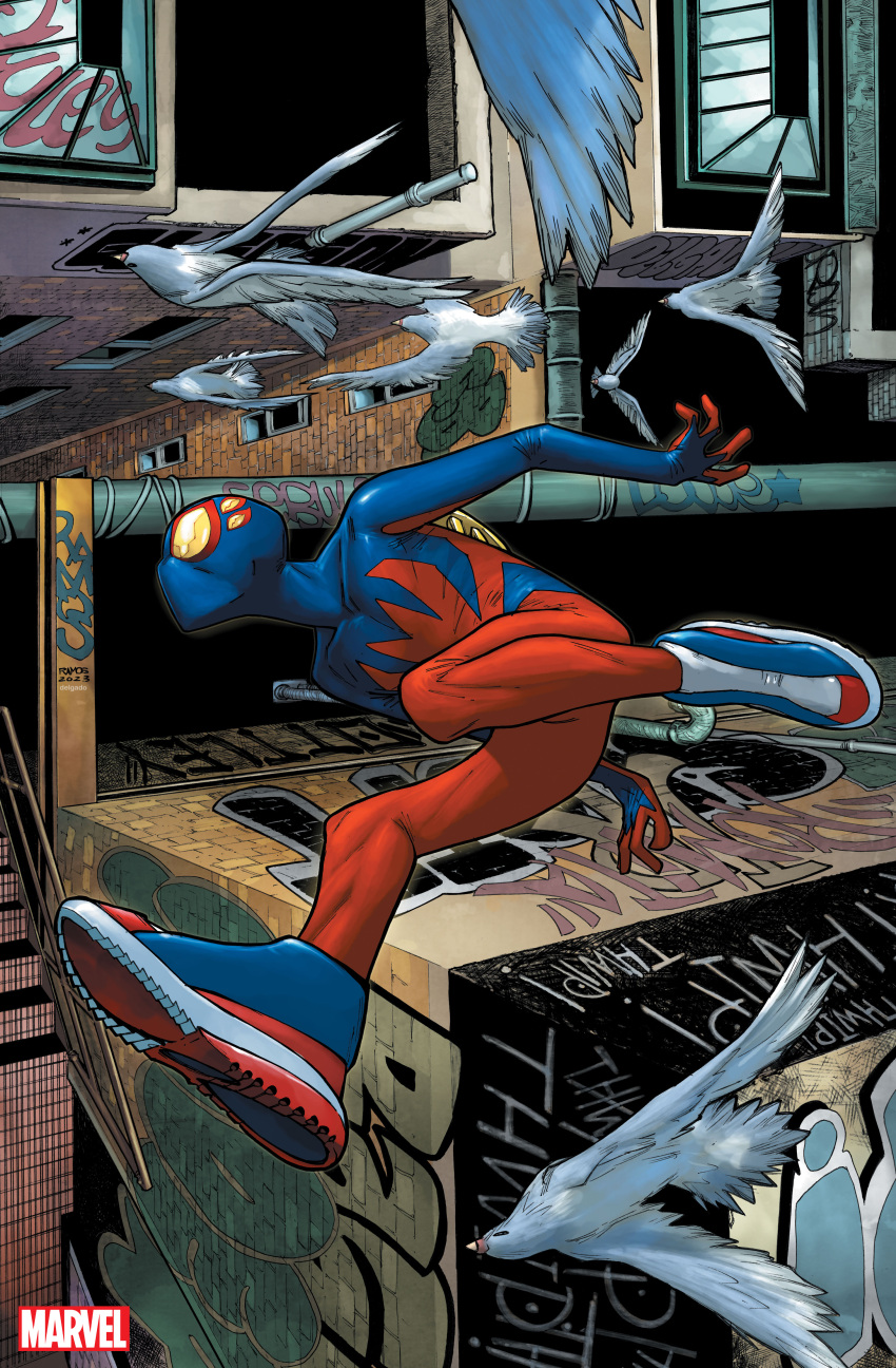 1boy, absurdres, bird, comic_cover, dated, english_commentary, from_above, graffiti, highres, humberto_ramos, jumping, looking_to_the_side, male_focus, marvel, official_art, pigeon, rooftop, second-party_source, signature, solo, spandex, spider-boy_(spider-man), spider-man:_into_the_spider-verse, spider-man_(series), superhero, western_comics_(style)