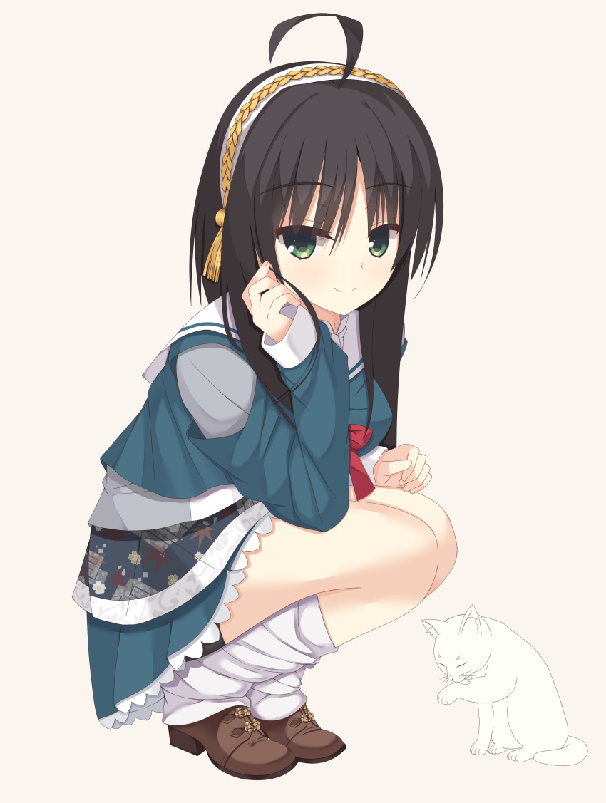 1girl, absurdres, ahoge, black_hair, black_shorts, blue_jacket, blue_skirt, boots, brown_footwear, cat, closed_mouth, commentary, eyes_visible_through_hair, frilled_skirt, frills, full_body, green_eyes, hair_between_eyes, hair_ornament, hairband, highres, hitachi_mako, jacket, kaon_zz, looking_at_viewer, loose_socks, miniskirt, parted_lips, playing_with_own_hair, pleated_skirt, red_ribbon, ribbon, sailor_collar, school_uniform, senren_banka, short_hair_with_long_locks, shorts, simple_background, skirt, sleeves_past_wrists, smile, socks, solo, squatting, tassel, tassel_hair_ornament, white_background, white_hairband, white_sailor_collar, white_socks