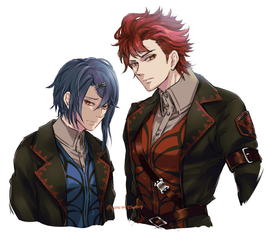 2boys, alcryst_(fire_emblem), blue_hair, brothers, buckle, buttons, closed_mouth, collared_shirt