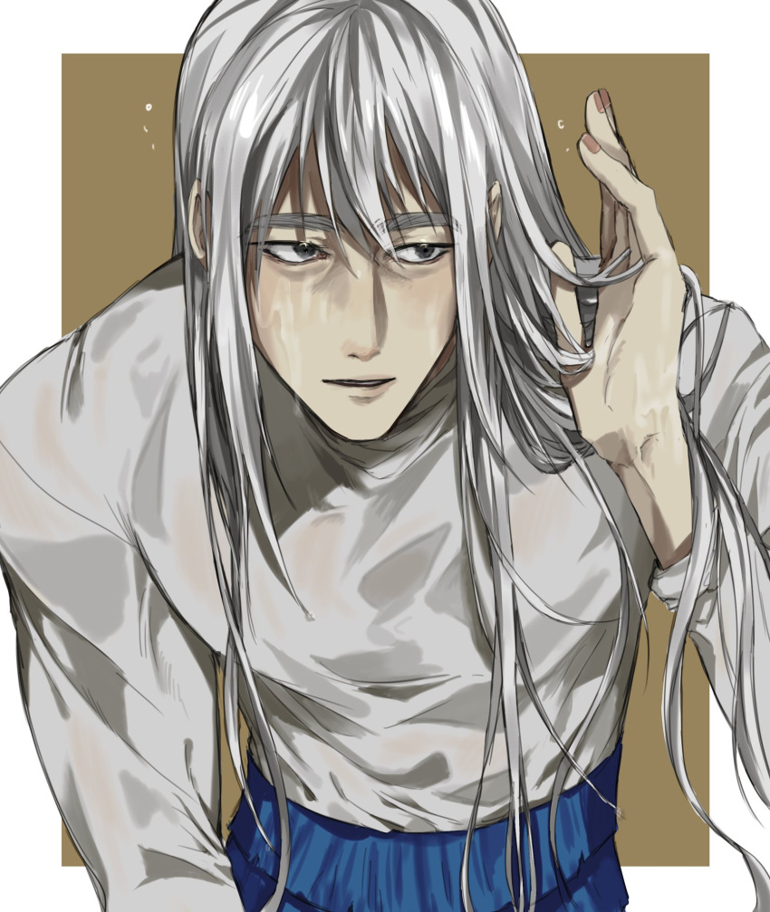 1boy, blue_pants, brown_background, grey_eyes, hair_between_eyes, highres, hunter_x_hunter, kite_(hunter_x_hunter)
