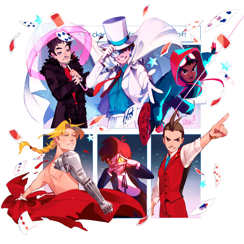 6+boys, absurdres, ace, ace_attorney, adjusting_clothes, adjusting_headwear, antenna_hair, apollo_justice, apollo_justice:_ace_attorney, bill_cipher, black_hair, blonde_hair, blue_necktie, blue_shirt, bodysuit, bodysuit_under_clothes, braid, braided_ponytail, brown_eyes, brown_hair, cape, card, cigarette, coat, collared_shirt, crossover, dark-skinned_male, dark_skin, dipper_pines, dress_shirt, edward_elric, eyewear_on_head, falling_card, forked_eyebrows, formal, fullmetal_alchemist, gloves, glowing, glowing_eyes, gravity_falls, grin, hat, highres, holding, holding_umbrella, hood, hooded_bodysuit, joker_(card), kaitou_kid, klaus_hargreeves, long_hair, long_sleeves, looking_at_viewer, magic_kaito, magician, male_focus, marvel, mechanical_arms, meitantei_conan, midair, miles_morales, monocle, monocle_chain, multiple_boys, multiple_crossover, multiple_drawing_challenge, necktie, own_hands_together, pants, pink_umbrella, playing_card, prosthesis, red_coat, red_necktie, red_pants, red_vest, shirt, shoes, short_hair, silk, single_mechanical_arm, six_fanarts_challenge, sleeves_rolled_up, slit_pupils, smile, smoking, sneakers, spider-man:_into_the_spider-verse, spider-man_(series), spider_web, star_(symbol), suit, superhero, the_umbrella_academy, top_hat, transparent, transparent_umbrella, triangle, umbrella, upper_body, uxialovegood, vest, white_cape, white_gloves, white_headwear, white_pants, white_shirt, white_suit, yellow_eyes