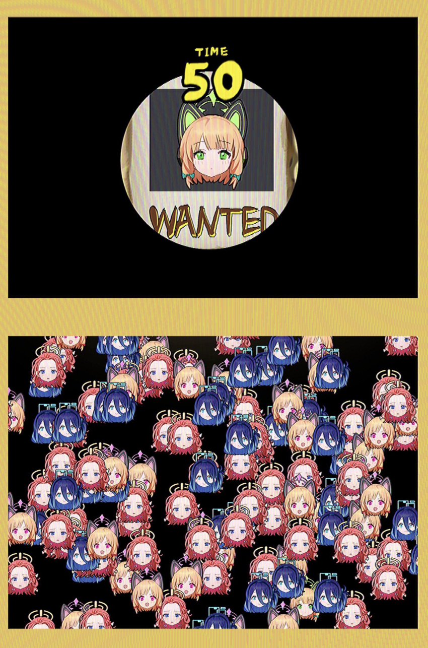 4girls, absurdres, animal_ear_headphones, animal_ears, aris_(blue_archive), black_hairband, blonde_hair, blue_archive, blue_eyes, blue_hair, border, cat_ear_headphones, chestnut_mouth, commentary_request, expressionless, fake_animal_ears, fake_screenshot, flatshi, forehead, furrowed_brow, green_eyes, hair_between_eyes, hairband, halo, head_only, headphones, highres, light_frown, long_bangs, midori_(blue_archive), minigame, momoi_(blue_archive), multiple_girls, new_super_mario_bros., one_side_up, open_mouth, parody, pink_eyes, pink_hair, pixelated, recurring_image, scanlines, smile, super_mario_bros., wanted, yellow_border, yuzu_(blue_archive)