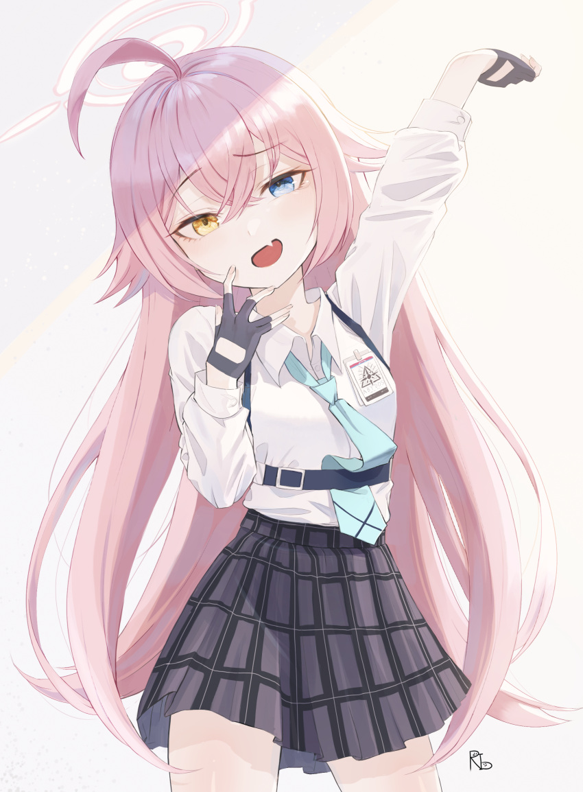 1girl, absurdres, ahoge, arm_up, black_gloves, black_skirt, blue_archive, blue_necktie