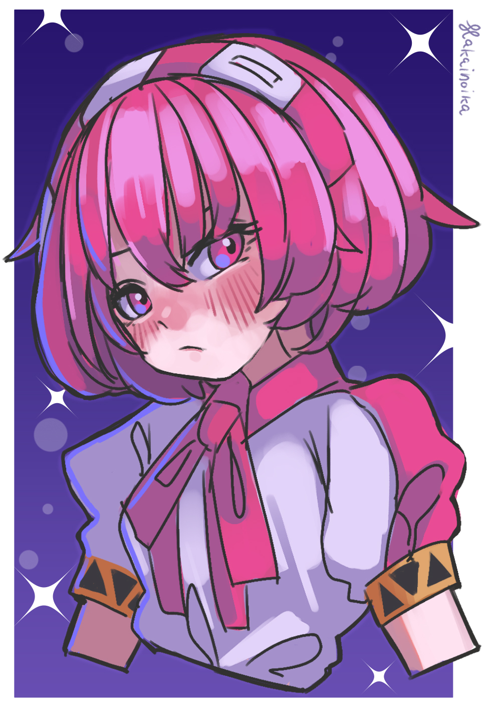 1girl, :/, artist_name, blush, border, bow, bowtie, breasts
