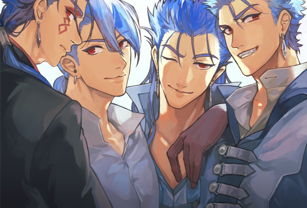 4boys, beads, blue_hair, collar, collared_shirt, cu_chulainn_(caster)_(fate), cu_chulainn_(caster)_(the_musketeers)_(fate), cu_chulainn_(fate)