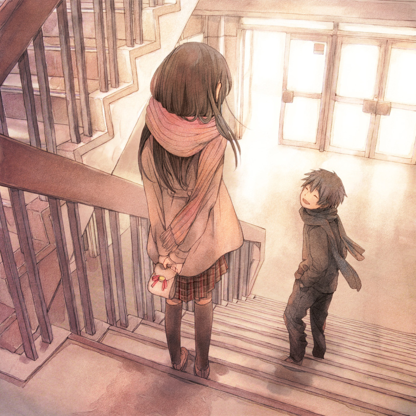 black_hair, brown_hair, closed_eyes, coat, couple, gift, hands, highres, holding, holding_gift, kneehighs, long_hair, original, plaid, plaid_skirt, plasm, sayonara_memories_(supercell), scarf, school_uniform, short_hair, skirt, smile, socks, stairs, striped, striped_scarf