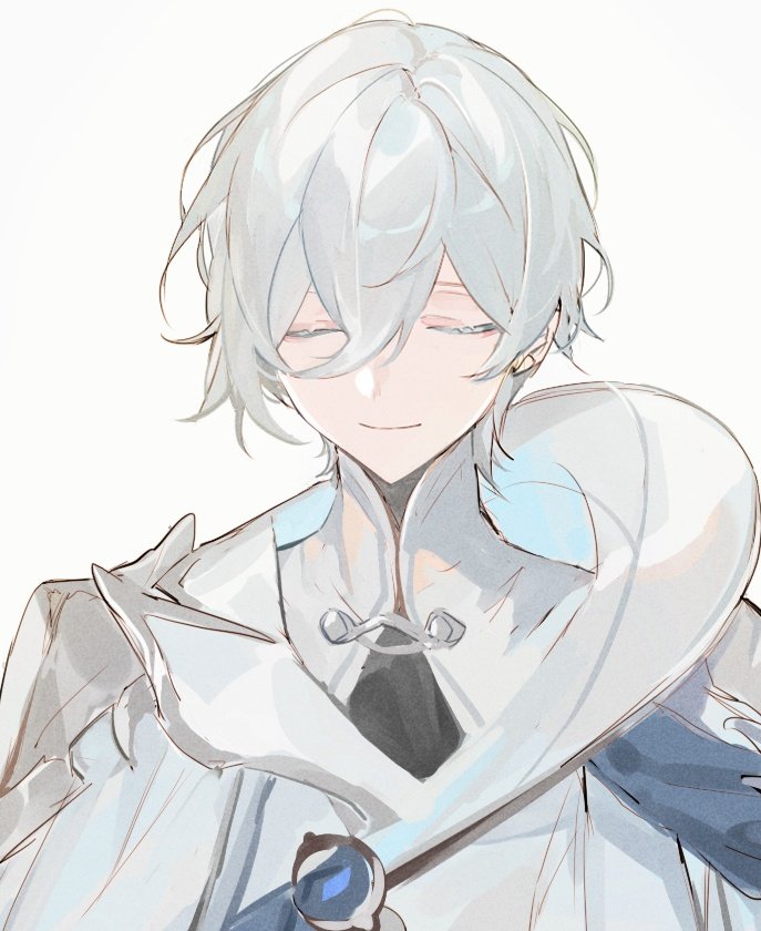 1boy, bishounen, closed_eyes, closed_mouth, colored_eyelashes, elsword, facing_viewer, formal, harque_ebalon, jacket, long_sleeves, male_focus, ne2_2ne, shirt, short_hair, smile, solo, turtleneck, white_background, white_hair, white_jacket, white_shirt