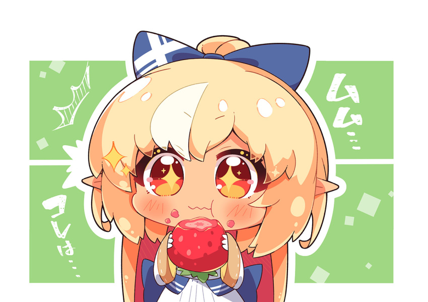 1girl, blonde_hair, blush, bow, dark-skinned_female, dark_skin, eating, elf