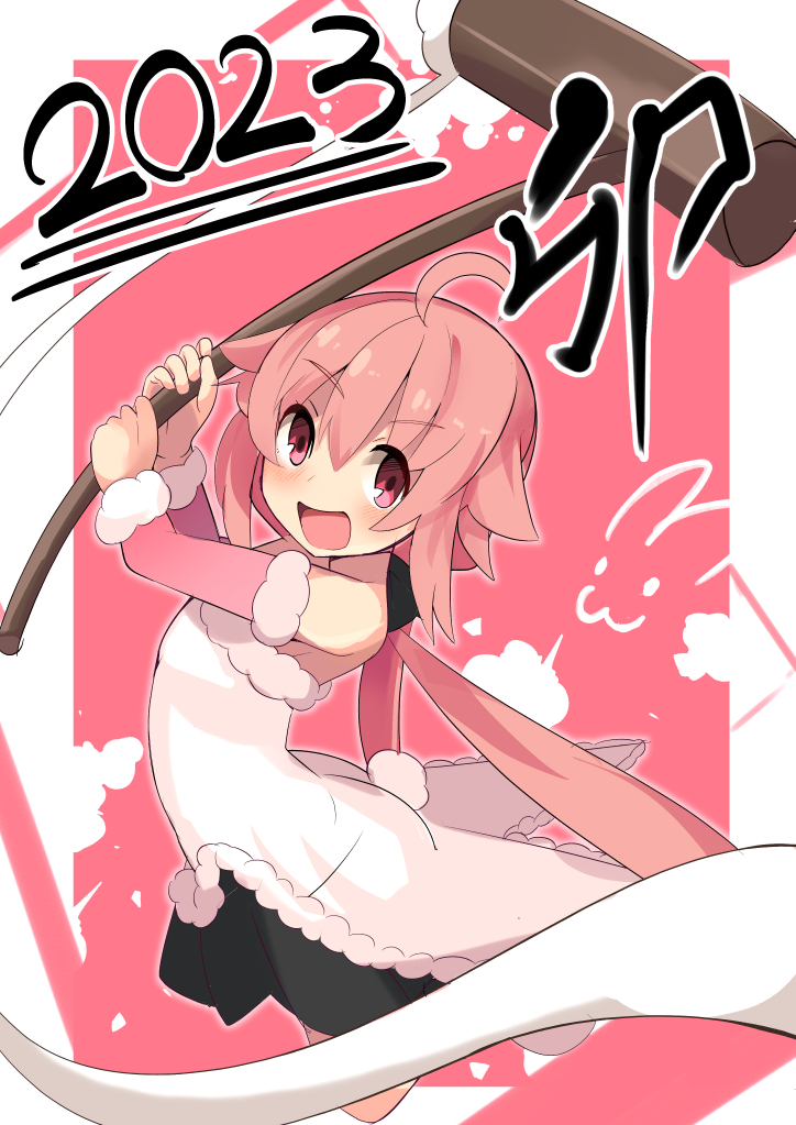 1girl, 2023, ahoge, black_skirt, blush, food, furrowed_brow, hammer, holding, holding_hammer, lapin_(madoka_magica), long_hair, low-tied_long_hair, mahou_shoujo_madoka_magica, mahou_shoujo_tart_magica, mikagami_jun, mochi, open_mouth, parted_lips, petticoat, pink_eyes, pink_hair, rabbit, rabbit_tail, sanpaku, sidelocks, skirt, solo, tail
